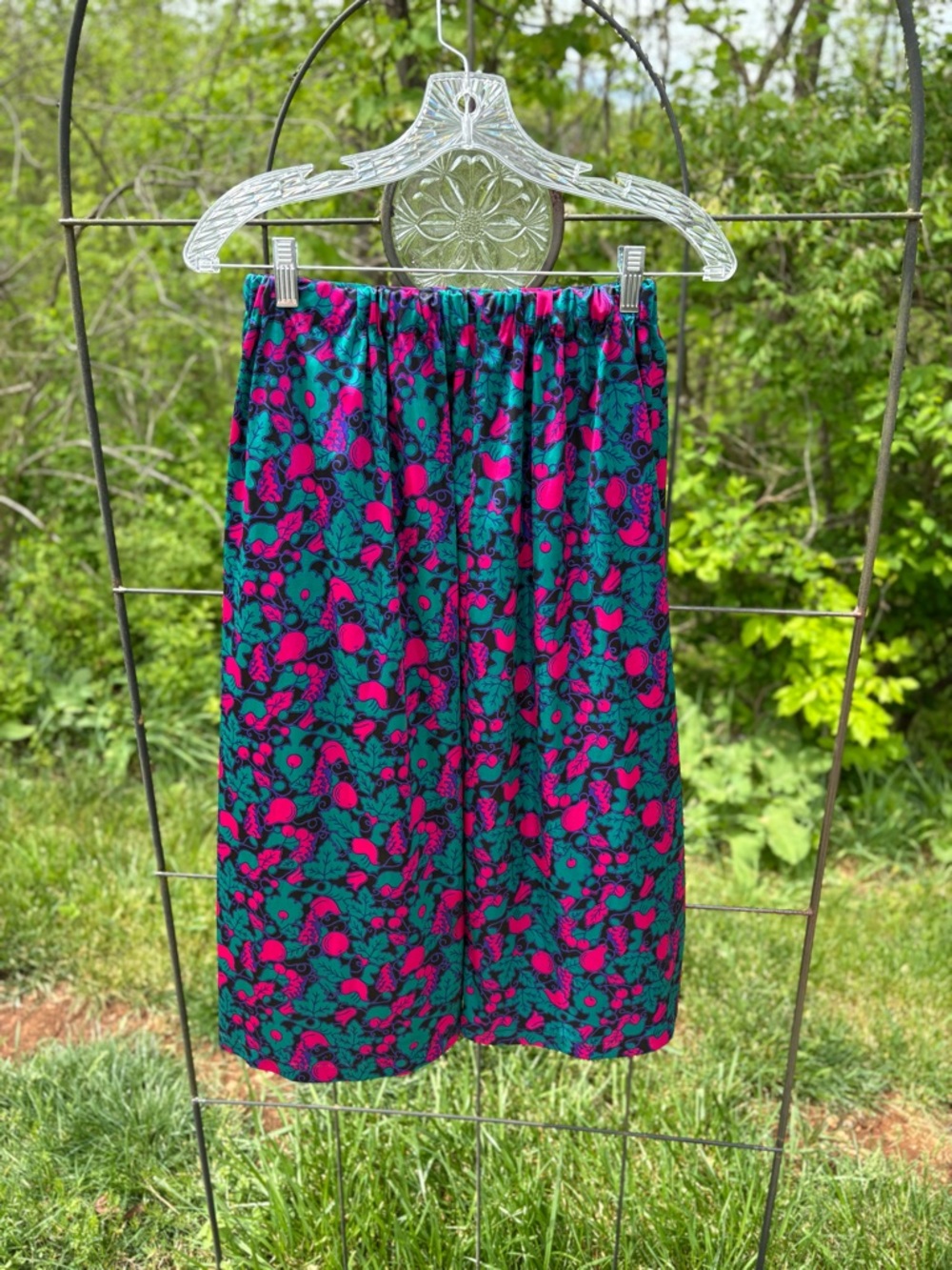 Vintage Teal Pink Floral Midi Skirt Elastic Waist Flowy Floral Women's Small